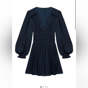 Maje Rianne Smocked Satin Minidress in Navy